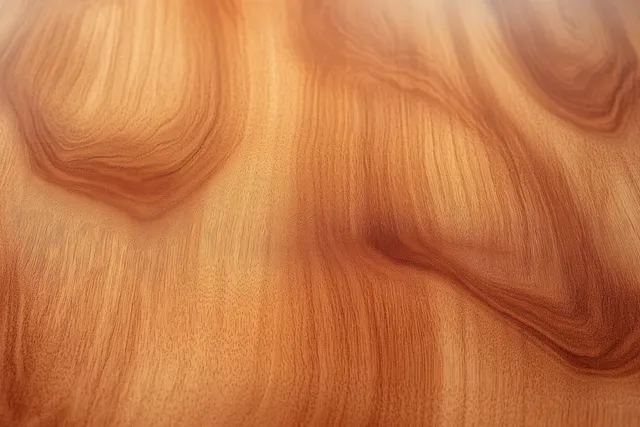 Close-up of a polished wood surface with smooth warm grain swirls in brown and amber tones.
