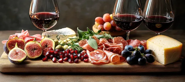 Cheese and cured meats platter with figs, grapes, pomegranate seeds, herbs, and red wine glasses on a dark table.
