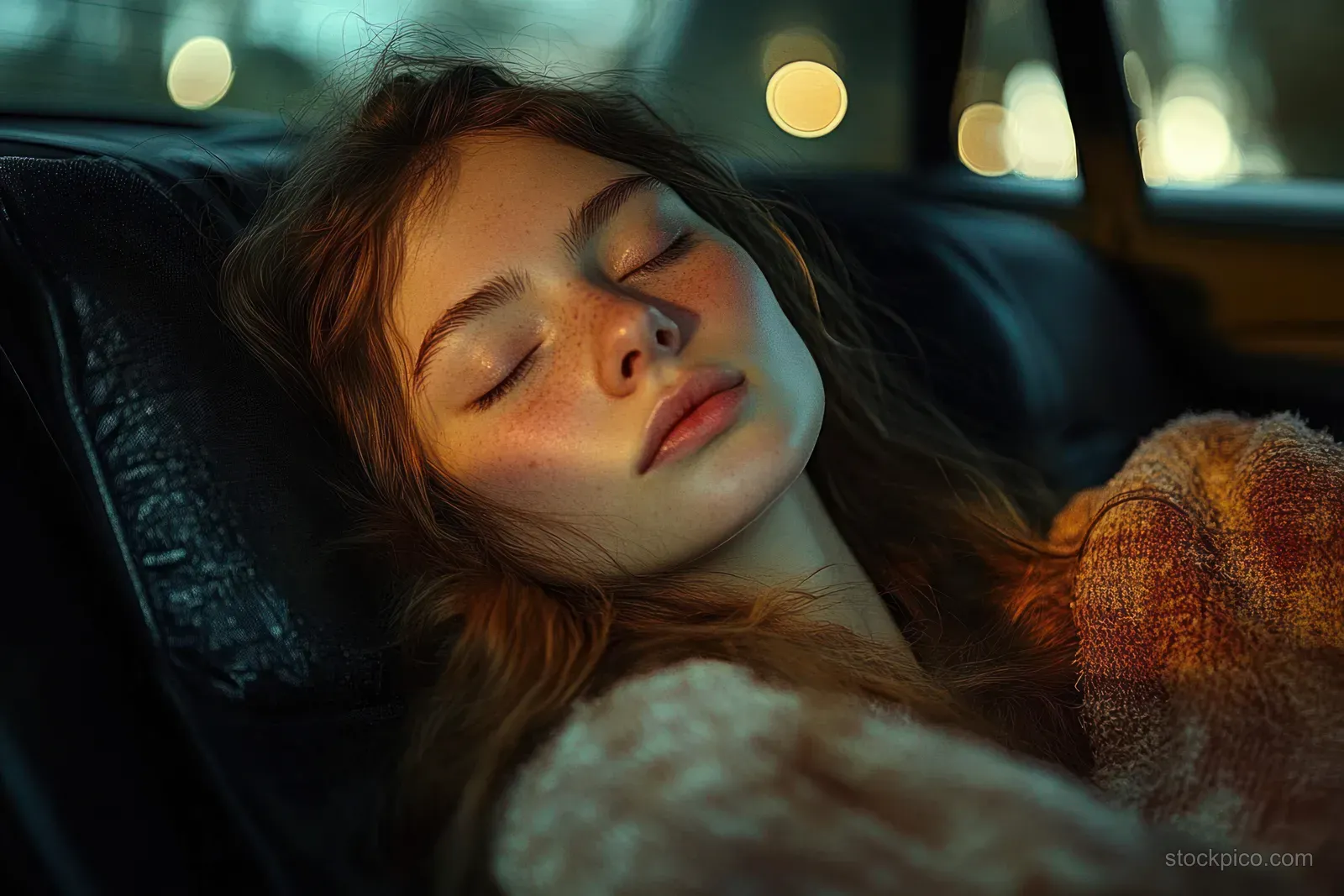 A young woman rests on a car seat with closed eyes as warm lights blur outside at night.