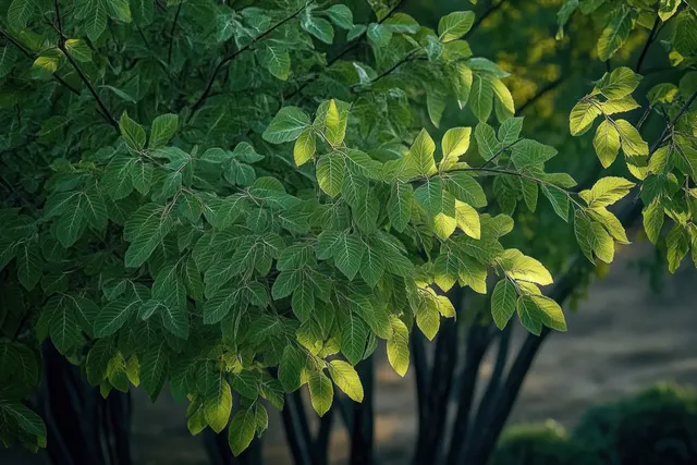 Sunrise light highlights black willow leaves on branches above a softly blurred forest background in Texas.
