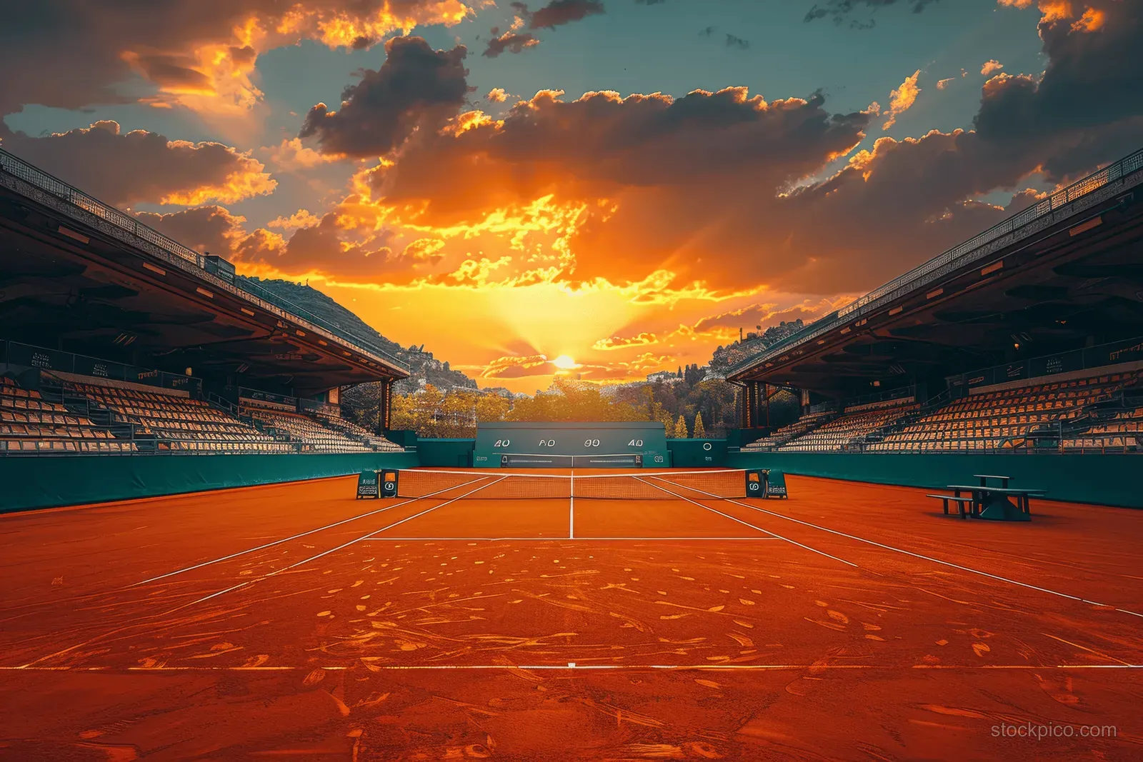 Empty tennis court at sunset with dramatic clouds, bright horizon glow, and stands on both sides.