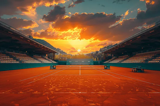 Empty tennis court at sunset with blazing sky and long light shadows