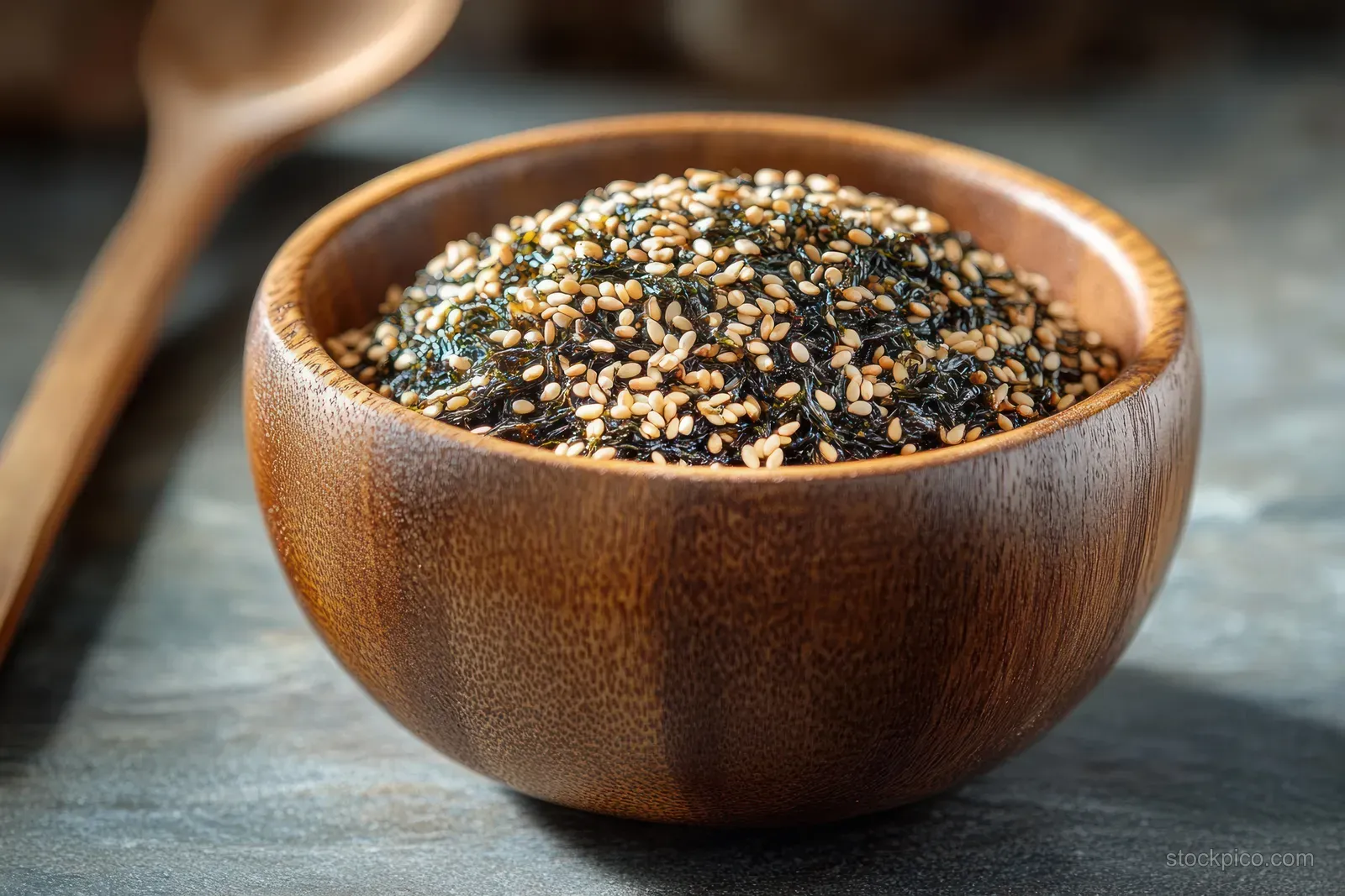 Wooden bowl filled with mixed black and white sesame seeds on a textured stone surface with a wooden spoon behind.