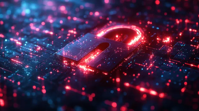 Futuristic glowing digital padlock floating amid neon cyberpunk particles and network lines