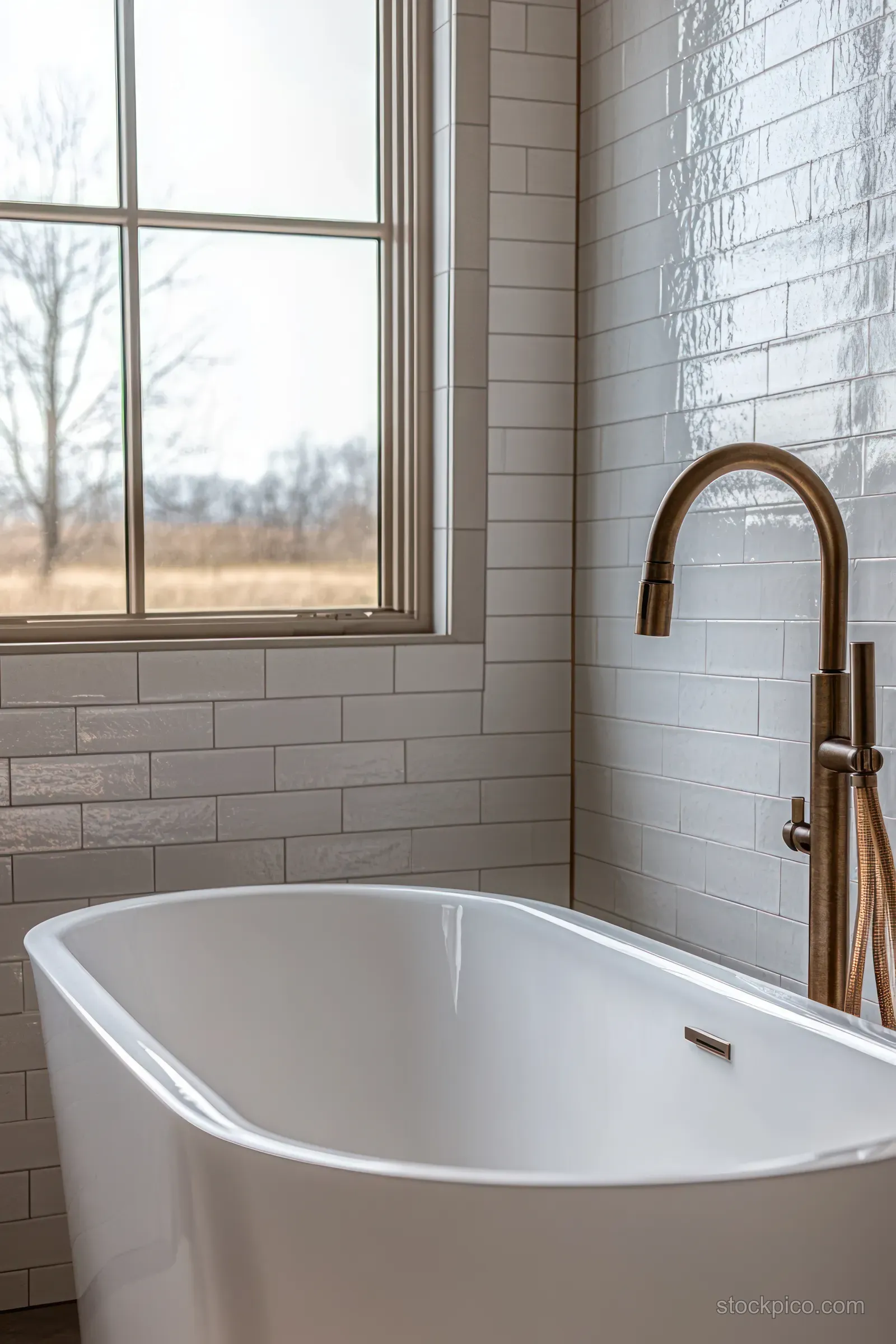 A white freestanding bathtub under a large window with a bronze faucet in a white tiled bathroom.