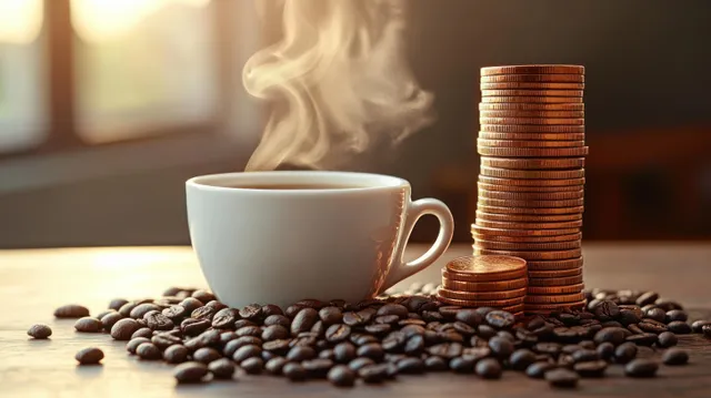 A steaming coffee cup rests on coffee beans next to stacked gold coins under warm sunlight.