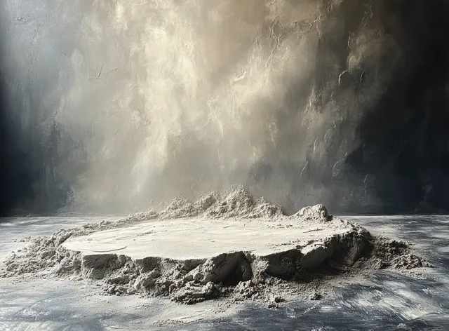 A gray powder heap on a concrete floor under soft natural light, showing rough granular texture.