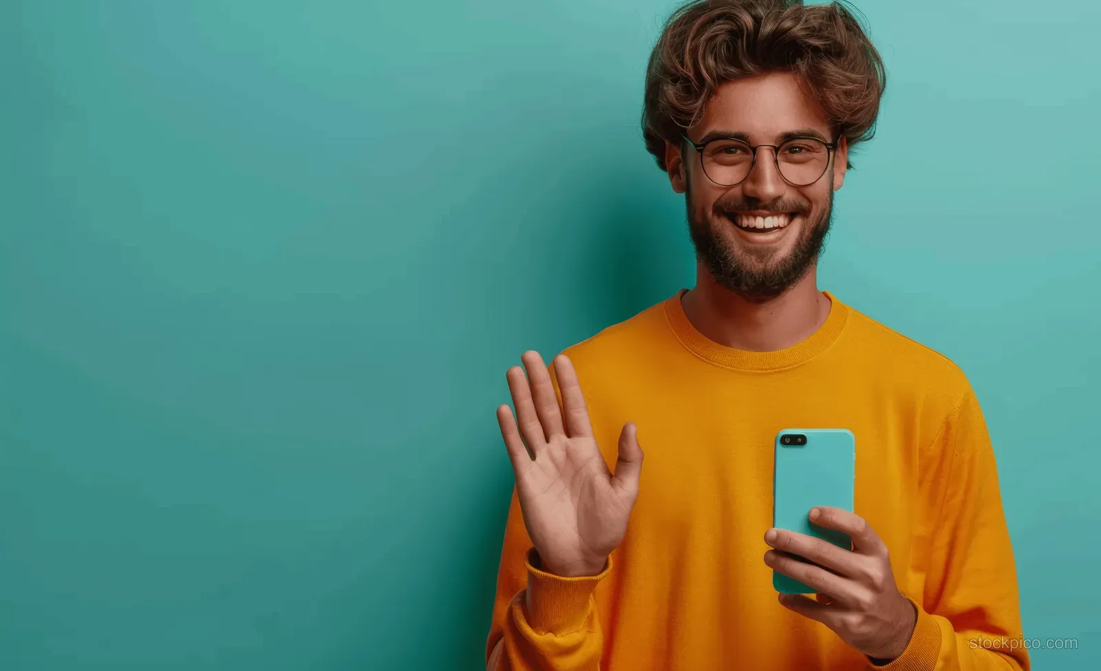 Smiling man in a yellow sweater holds a smartphone and shows an OK gesture against a teal background.