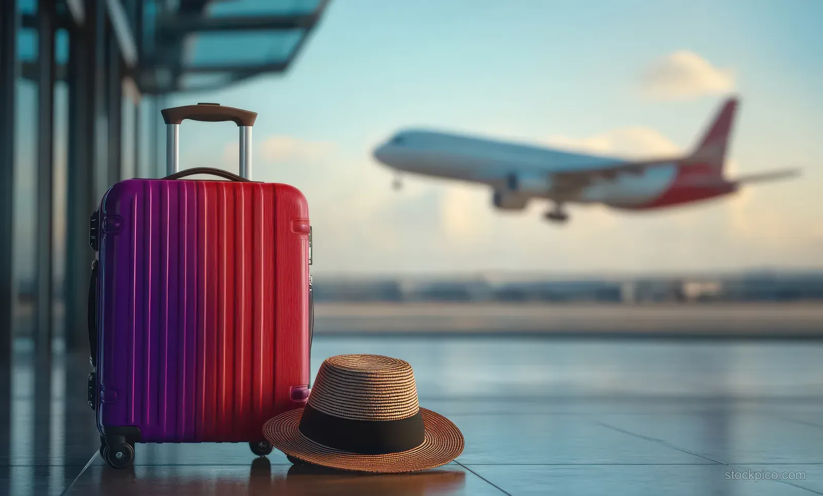 A purple suitcase and straw hat sit by an airport window with a departing airplane blurred in the distance.