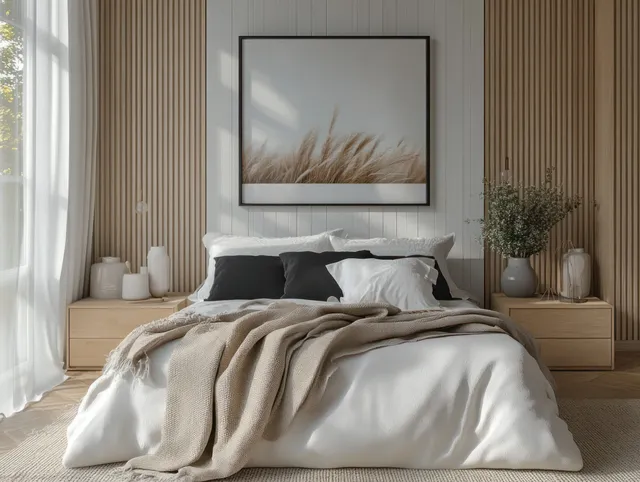 Unmade bed with neutral bedding sits in a minimalist bedroom lit by daylight through sheer curtains and wheat wall art.