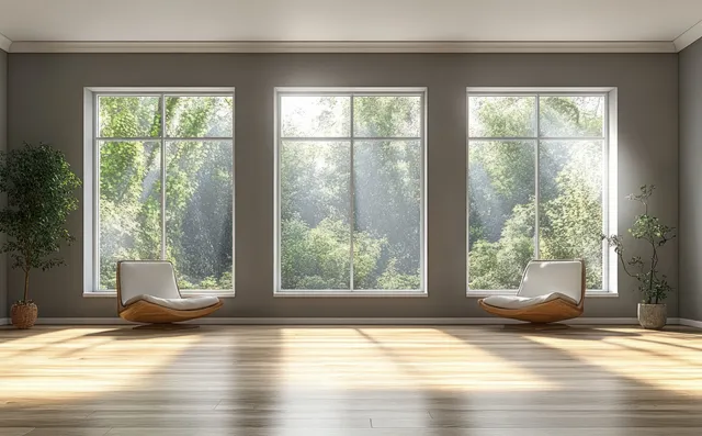 Empty minimalist living room with three large windows, grey walls, wooden floor, and two lounge chairs in sunlight.