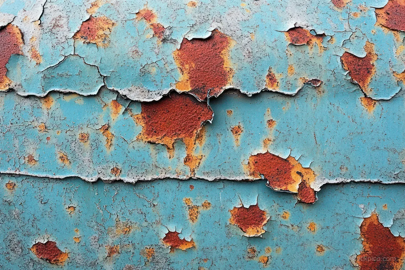 Weathered blue metal panel with peeling paint and rust blisters scattered across the surface.
