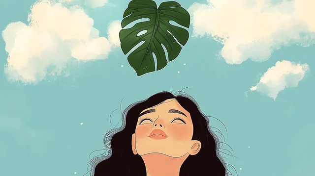 Calm woman closes her eyes while touching a large green leaf against blue sky