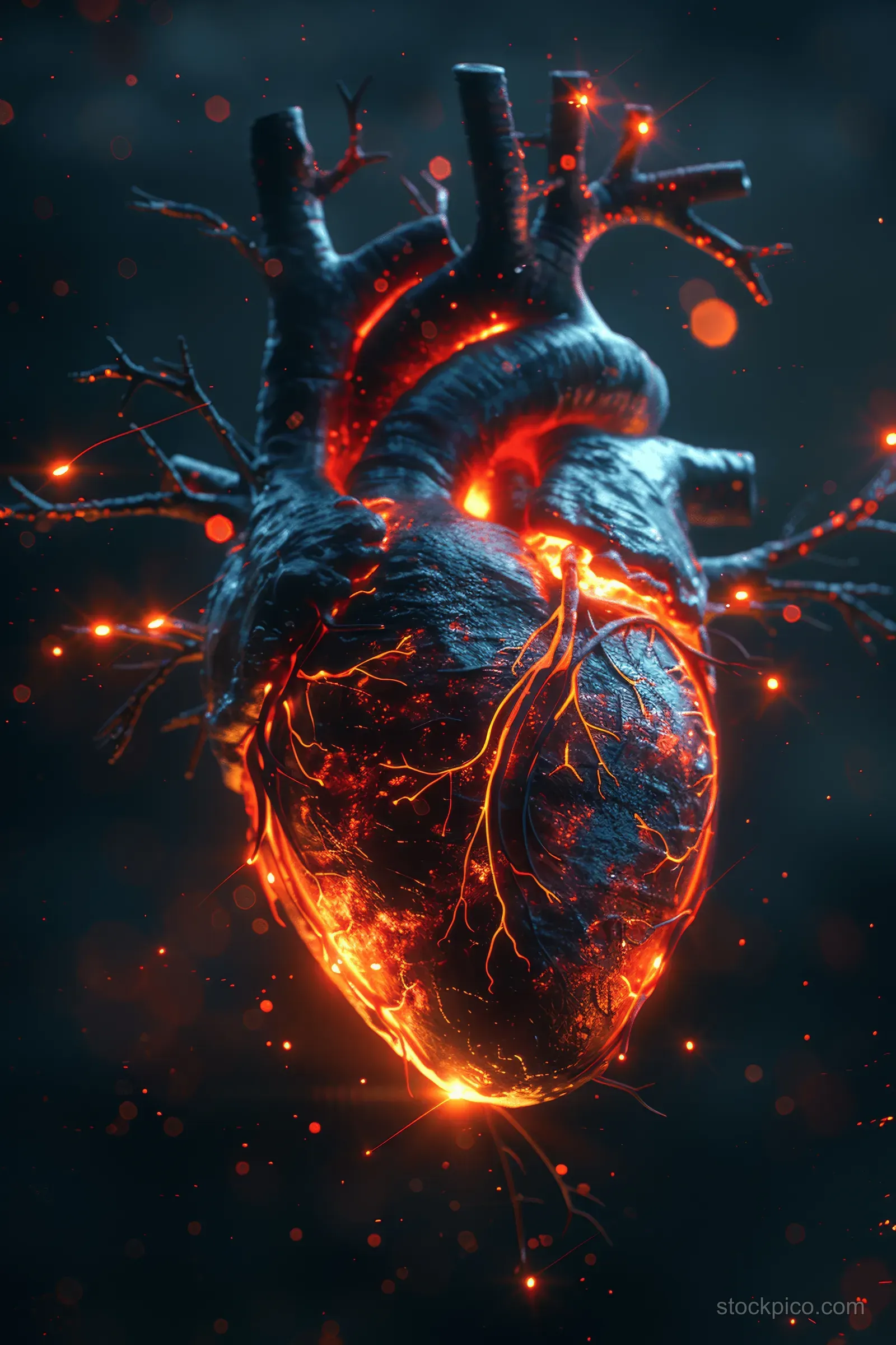 A black anatomical heart with glowing red veins and aorta on a dark background.