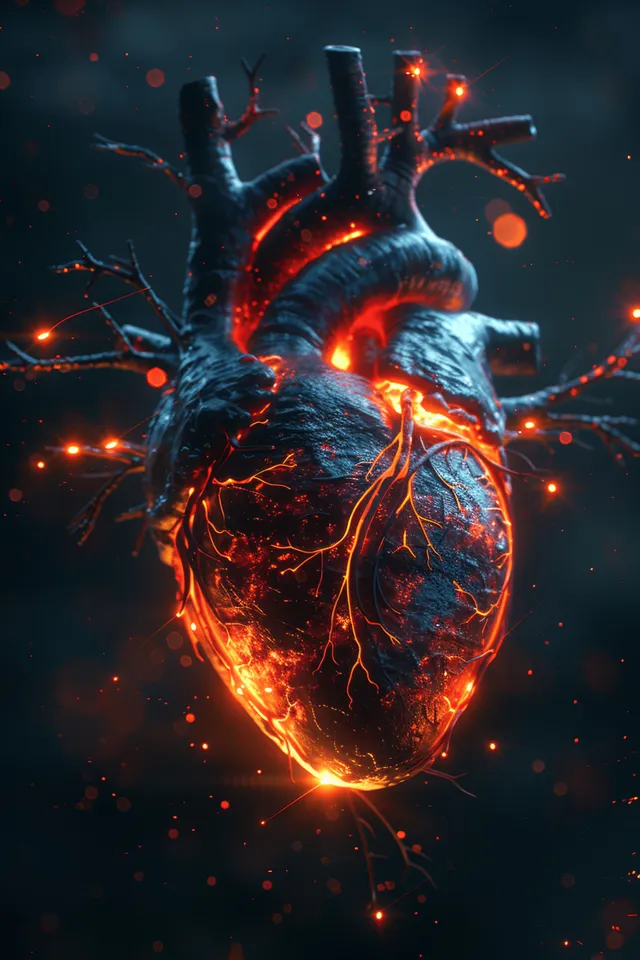 A black anatomical heart with glowing red veins and aorta on a dark background.