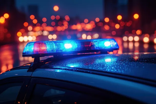 Police car roof emergency lights flash blue and red over a wet night street with blurred city lights behind.