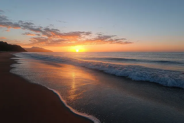 Sunset beach with gentle waves, golden horizon glow, and colorful sky gradient