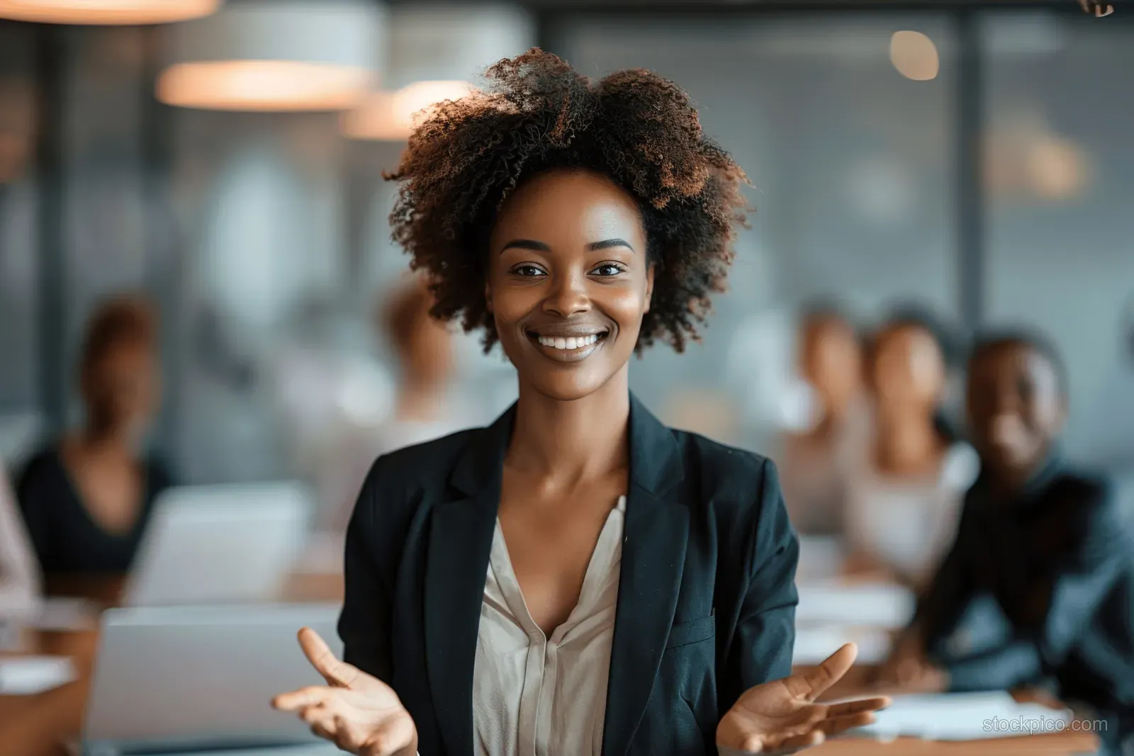 Smiling businesswoman gestures to welcome new ideas with colleagues blurred in the office background.