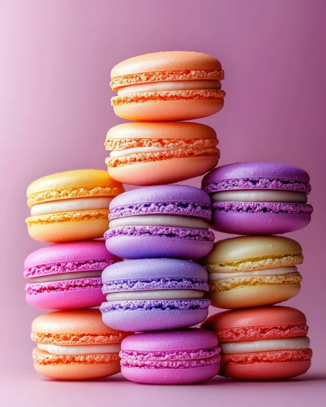 Macarons franceses de colores apilados sobre un suave fondo violeta con capas de relleno visibles.
