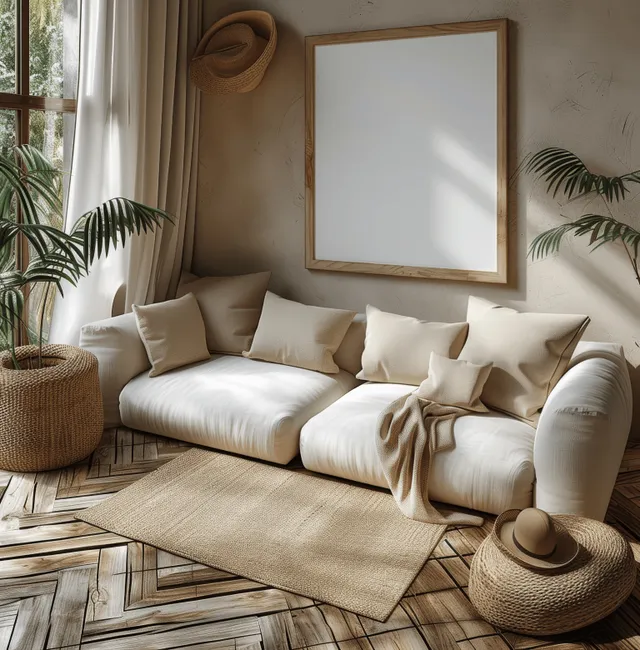 Blank mockup frame hangs above a cream sofa in a beige bohemian living room with woven baskets and pampas grass.