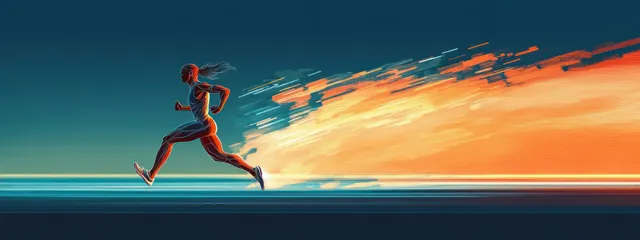 Futuristic runner sprinting on a glowing track with orange motion-blur streaks in a sunset gradient sky.