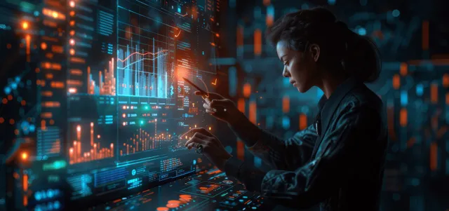 An analyst points at floating finance charts and profit graphs on a screen in a futuristic office.