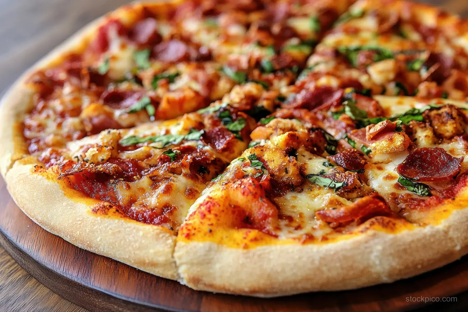 Fresh pizza on a wooden board topped with melted cheese, pepperoni, grilled chicken, and chopped herbs.