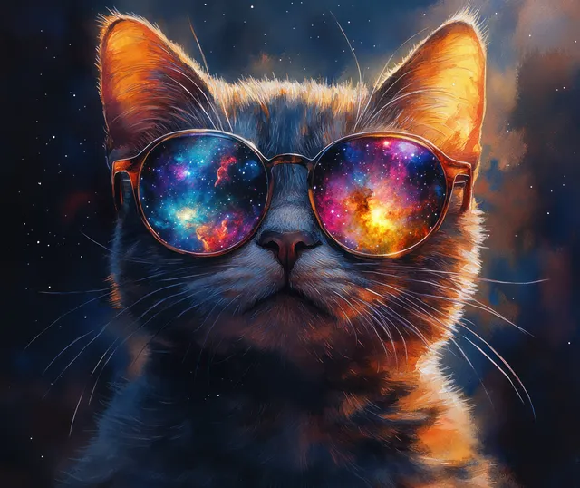 Fluffy gray cat with round glasses reflecting colorful galaxies and nebulae in a starry night space scene.