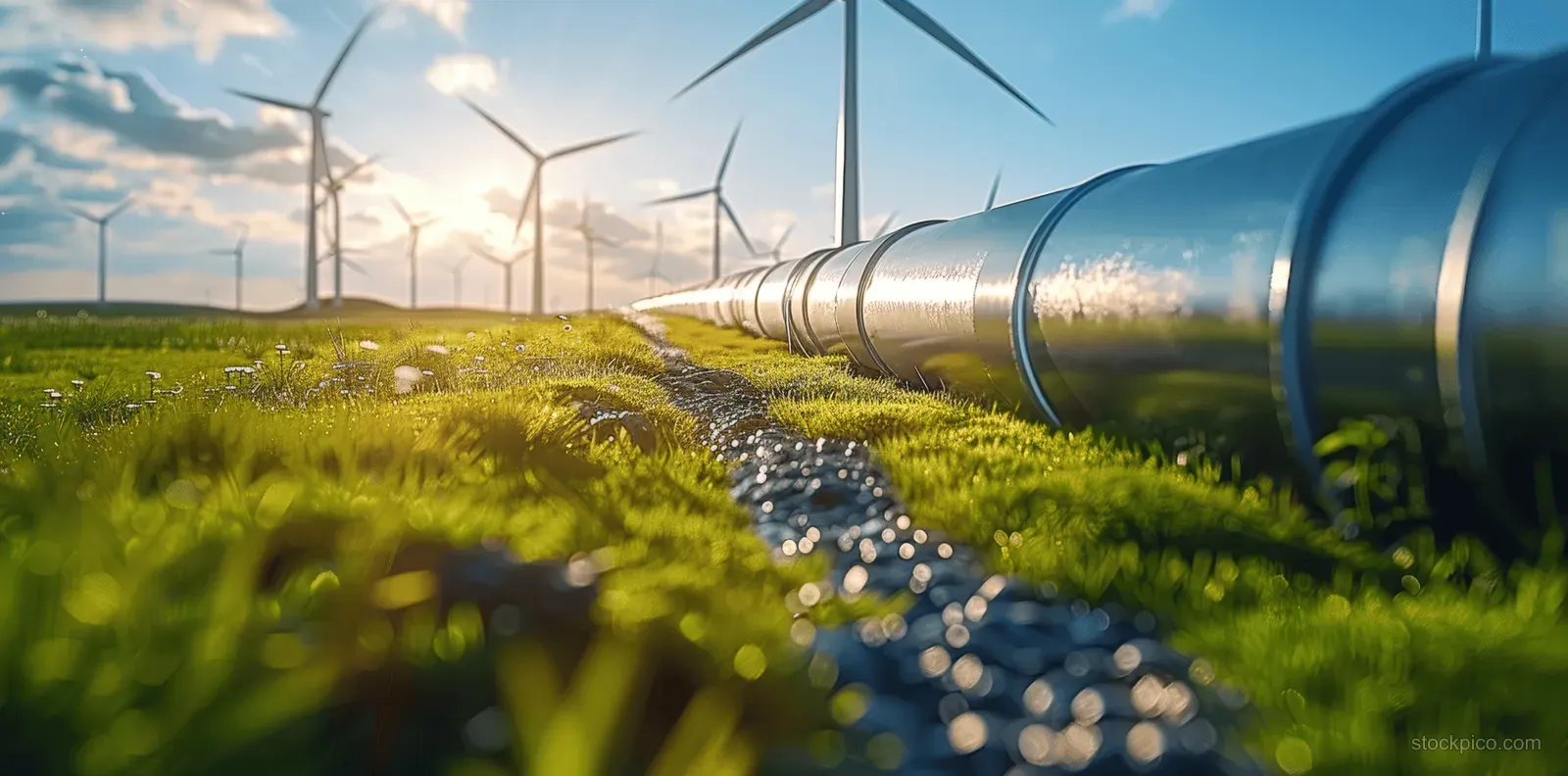 A futuristic hydrogen pipeline runs along a grassy field with wind turbines behind it under a sunny sky.