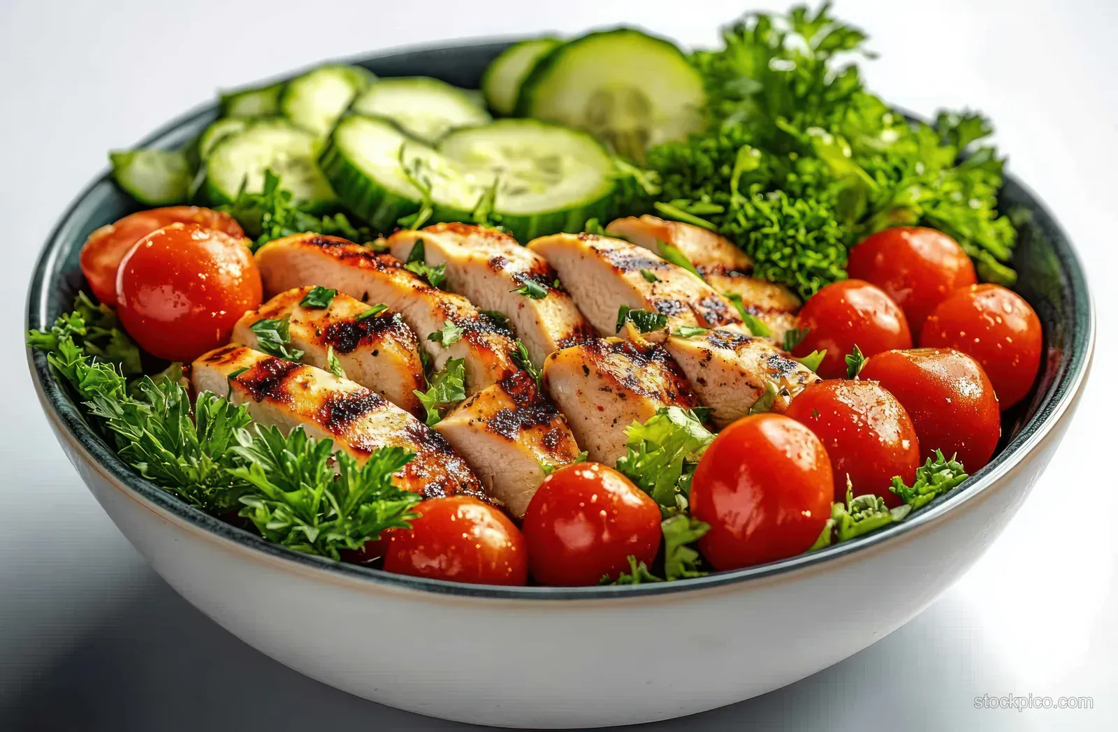 Salad bowl with grilled chicken slices, cherry tomatoes, cucumber rounds, and fresh herbs on a white background.