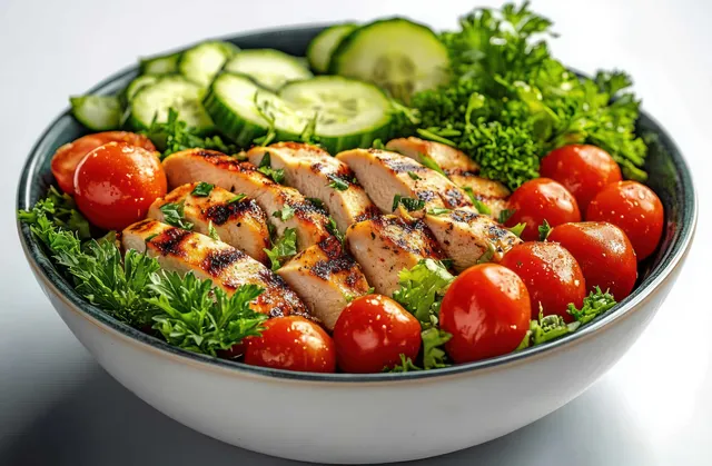 Salad bowl with grilled chicken slices, cherry tomatoes, cucumber rounds, and fresh herbs on a white background.