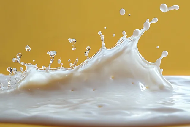 White milk-like liquid splash erupts from a surface, forming droplets on yellow backdrop