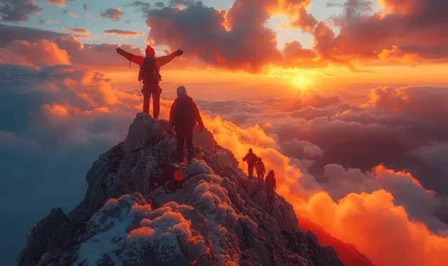 A group of hikers celebrates at a snowy mountain summit as the sun rises, illuminating the vibrant clouds and panoramic view.