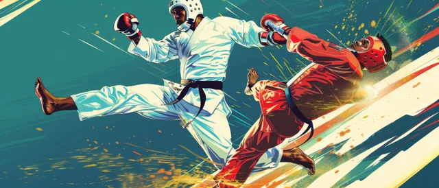 Mexican taekwondo athlete executes a spinning kick during an energetic combat match illustration
