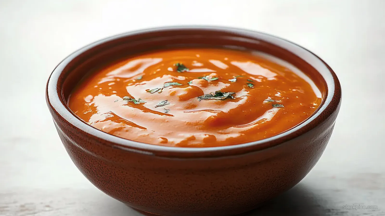Brown bowl of creamy orange soup topped with small green herb garnish on a light surface.