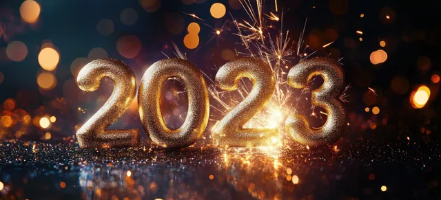 2023 New Year fireworks burst behind glowing golden numerals on sparkly dark background