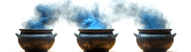 Three black cauldrons on a white background release thick blue and gray smoke curling upward.