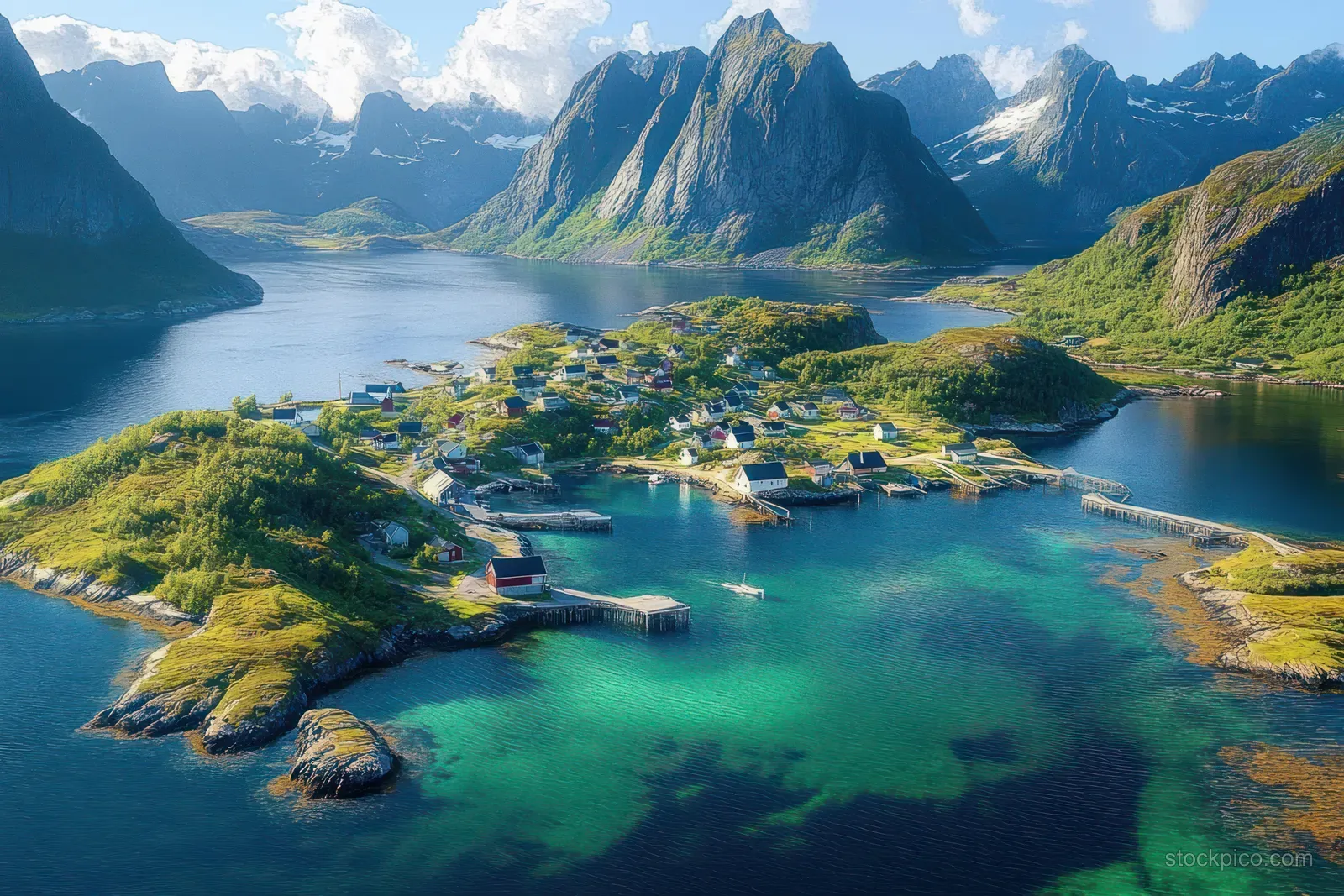 Aerial view of a coastal village with docks and small boats surrounded by clear turquoise water and green mountains.