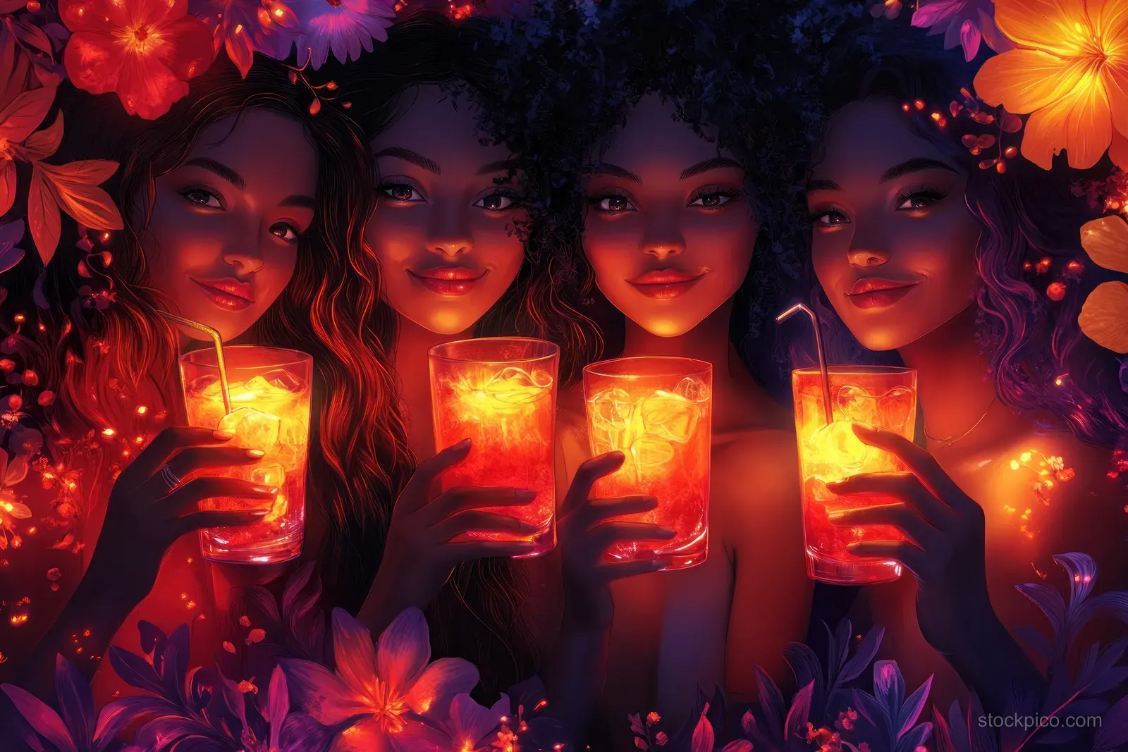 A group of friends laugh and toast with glowing drinks while colorful flowers frame the party scene.