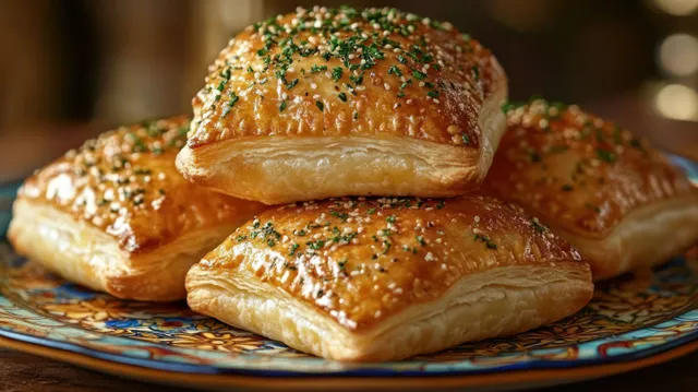 Golden herb puff pastry squares stacked on a decorative plate, close-up baked texture
