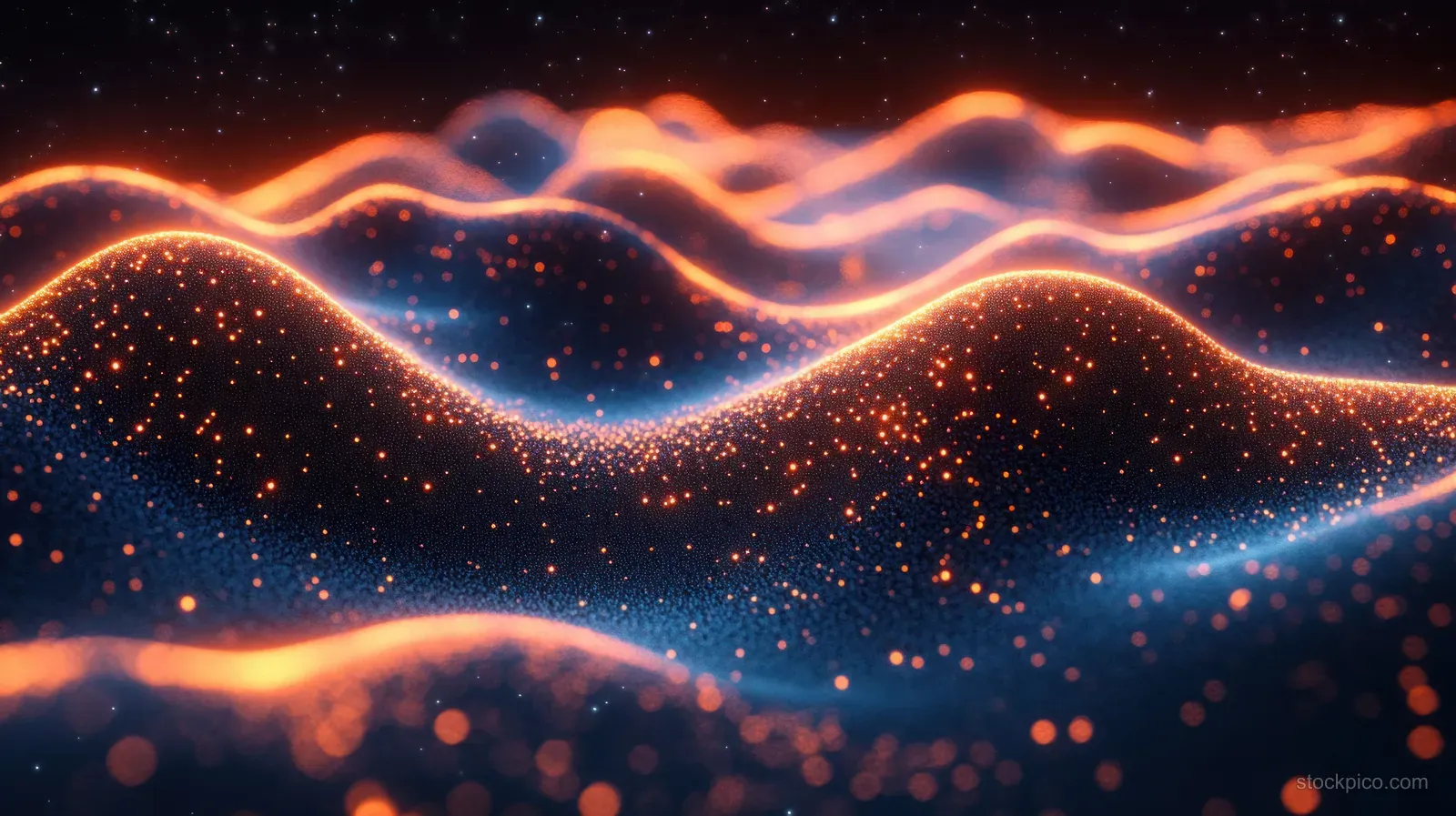 Neon orange and blue waves with glowing interconnected lines and floating data points on a dark cyberpunk background.