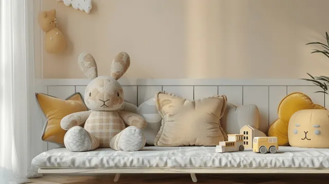 3D rabbit plush sitting on sofa with kids toys in cozy beige nursery room