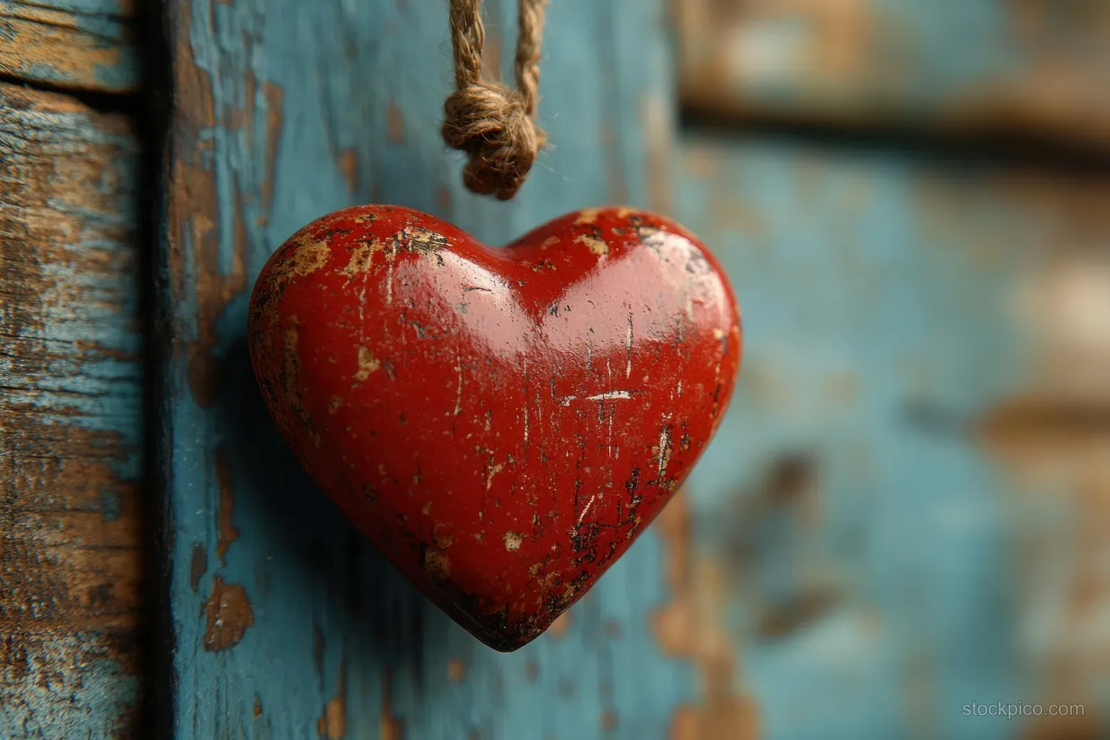 Heart-shaped thank you card hangs on twine against a weathered blue wooden board.