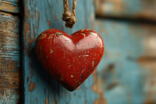 Una tarjeta de agradecimiento en forma de corazón cuelga de un cordel contra una tabla de madera azul envejecida.