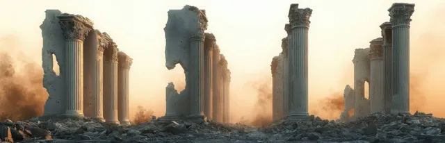 Ruined ancient stone columns stand among rubble under a warm sunset sky with dust clouds.