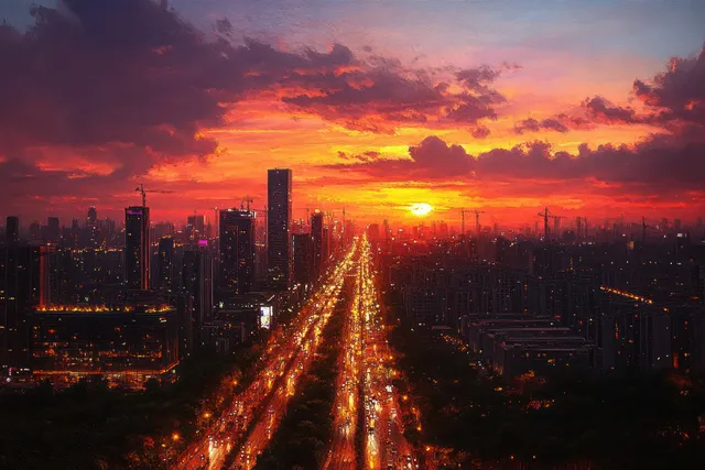 Illuminated highway runs through a dense skyline of skyscrapers at sunset under dramatic orange and purple clouds.