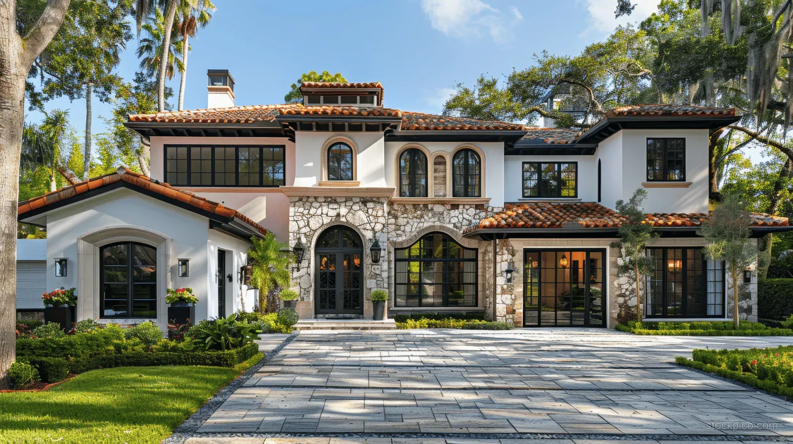 Spanish colonial home exterior in Tampa with stone paver driveway, black windows, and manicured front yard under daylight.