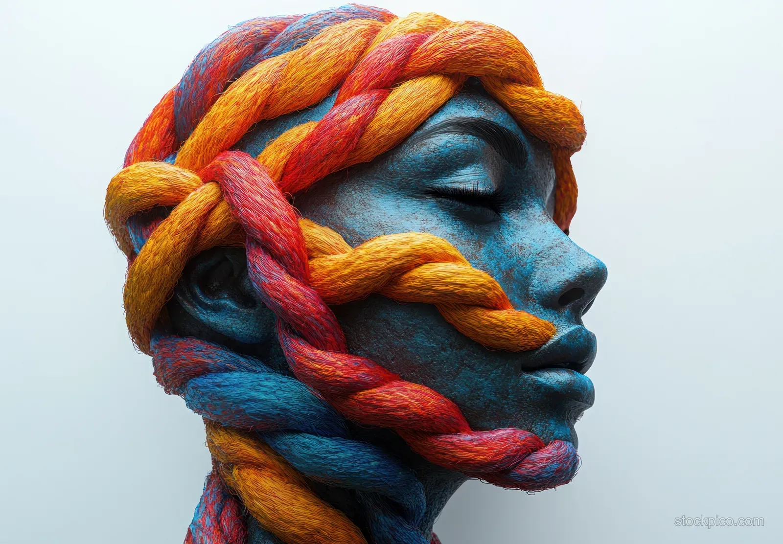 Blue abstract face with closed eyes wrapped in orange and red braided threads against a pale background.