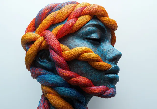 Blue abstract face with closed eyes wrapped in orange and red braided threads against a pale background.