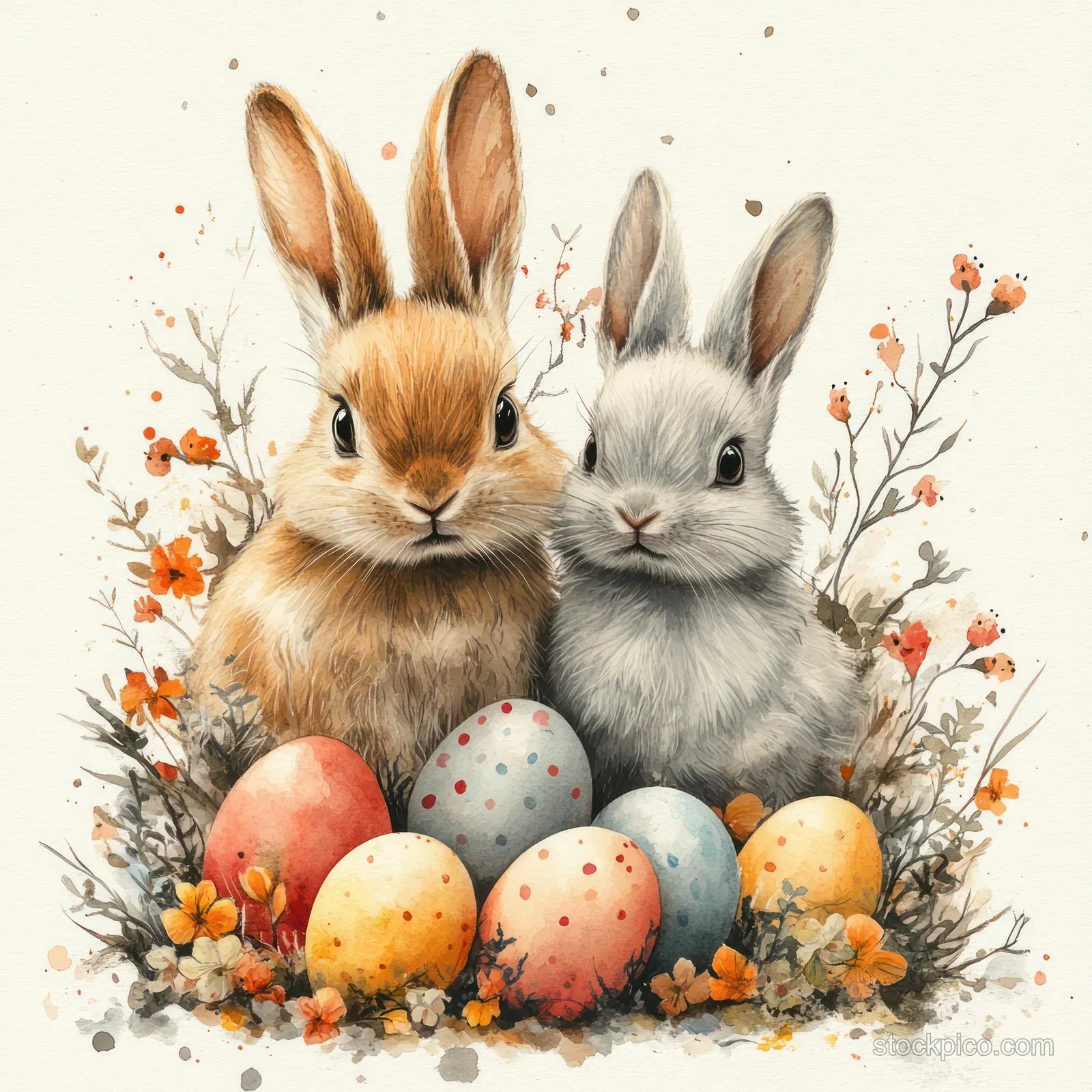 Two watercolor Easter bunnies sit behind colorful eggs surrounded by small orange spring flowers.